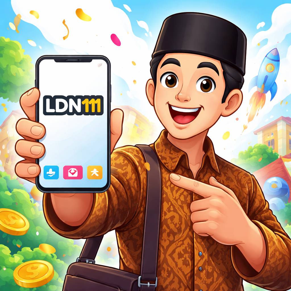 Karakter kartun memegang smartphone dengan merek LDN111 terlihat di layar