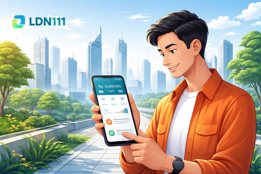 Ilustrasi lebar pengguna Indonesia menjelajah Aplikasi LDN111 di smartphone dalam suasana modern
