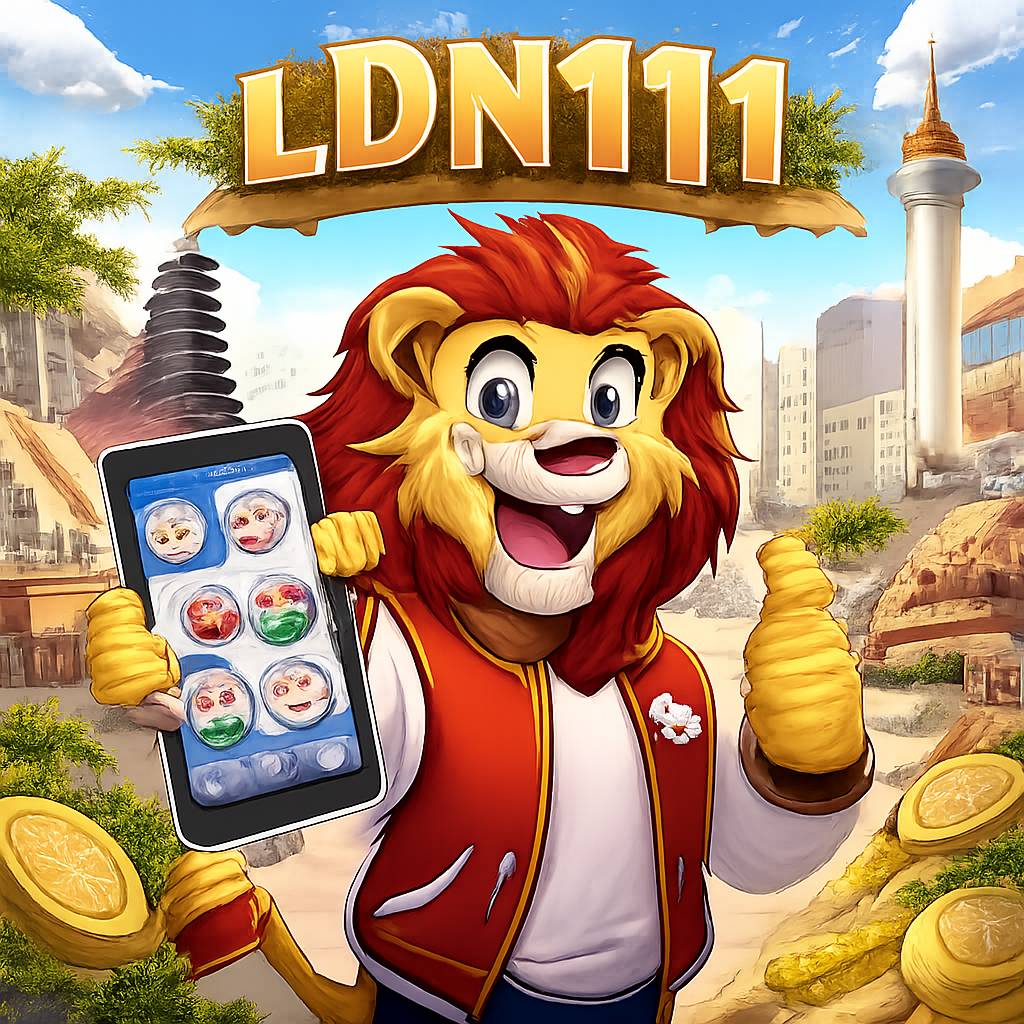 Maskot kartun LDN111 memegang smartphone dengan ikon taruhan olahraga dan koin dalam pengaturan promosi yang aman