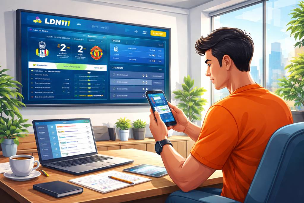 Gambar lebar seorang dewasa Indonesia menggunakan smartphone dengan ikon olahraga dan merek LDN111 di latar kota modern