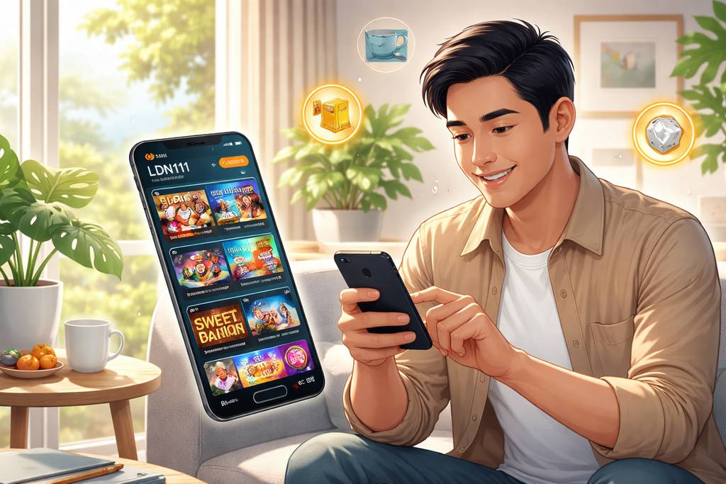 Ilustrasi lebar pengguna dewasa fiksi yang melihat lobi kasino LDN111 di smartphone dalam suasana modern Indonesia