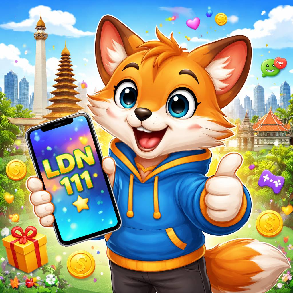Karakter kartun LDN111 memegang smartphone dengan koin dan ikon aplikasi di latar kota Indonesia yang cerah