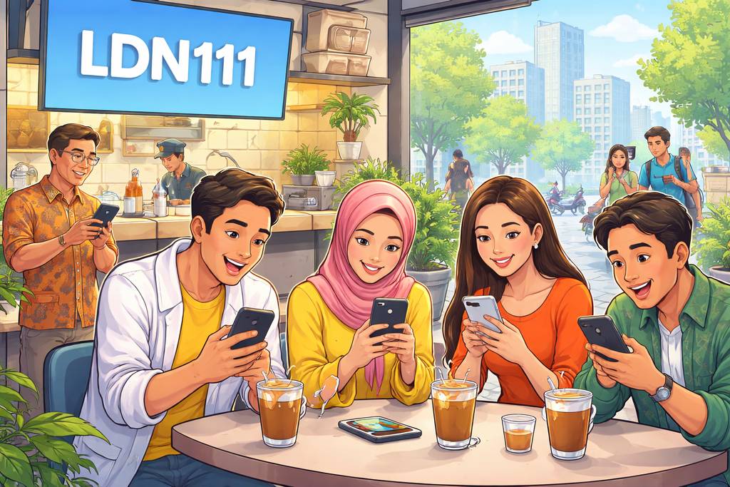 Tampilan gaya kartun lebar pengguna Indonesia menjelajah LDN111 di smartphone dengan latar belakang kota modern