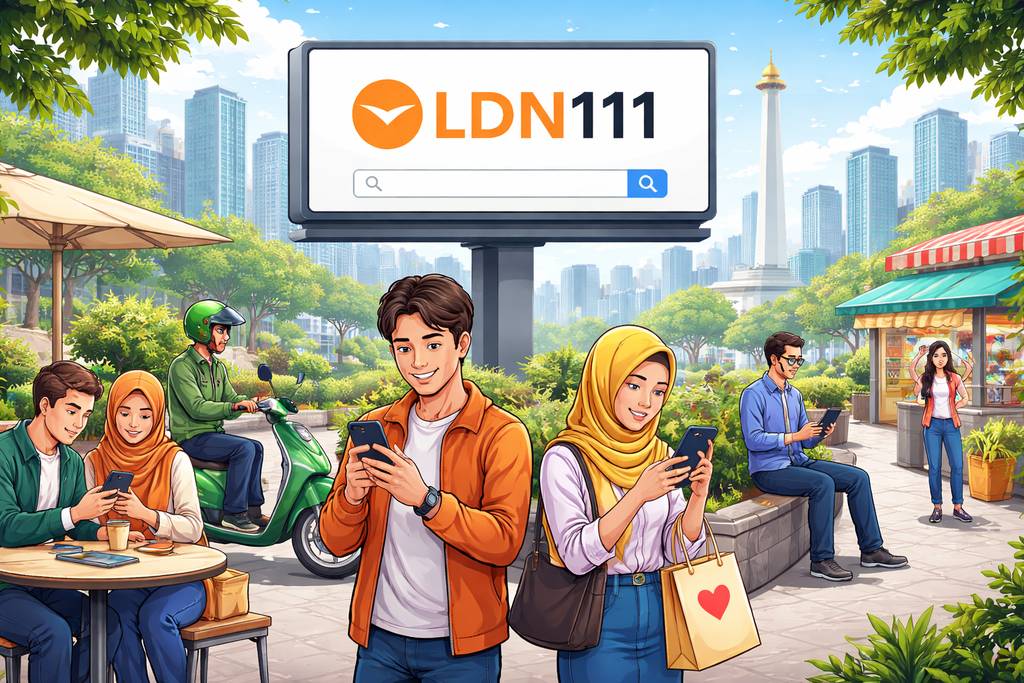 Adegan kota Indonesia bergaya kartun lebar dengan orang-orang menggunakan smartphone dan merek LDN111 pada papan iklan digital