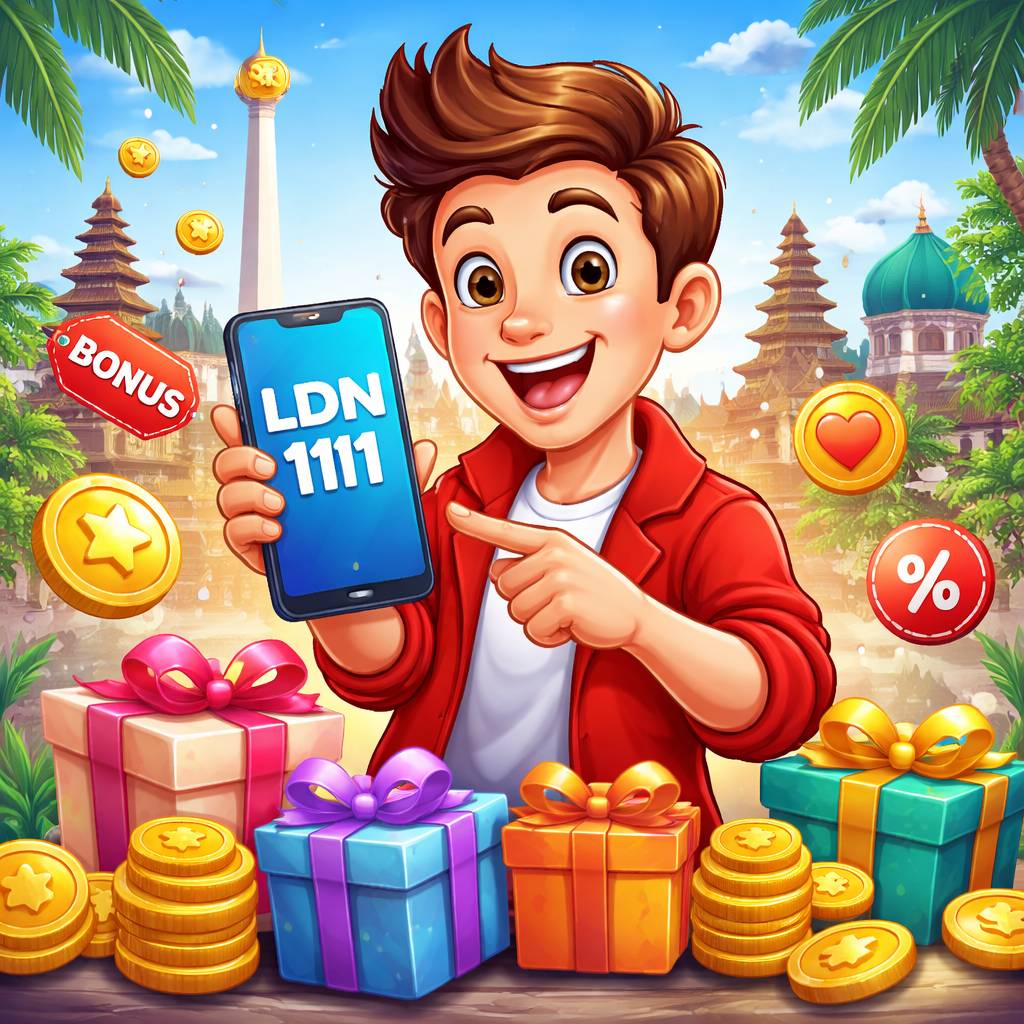 Karakter kartun memegang smartphone dengan promosi LDN111, koin, kotak hadiah, dan latar belakang cerah terinspirasi Indonesia