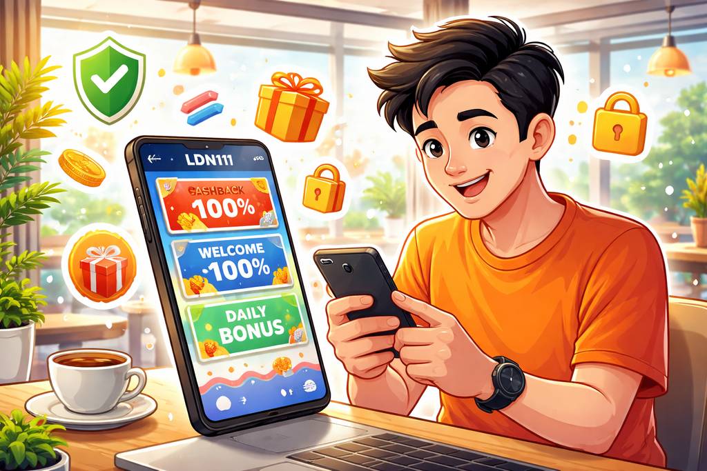 Adegan gaya kartun lebar pengguna mobile Indonesia melihat kartu promosi LDN111 di smartphone dengan ikon digital aman