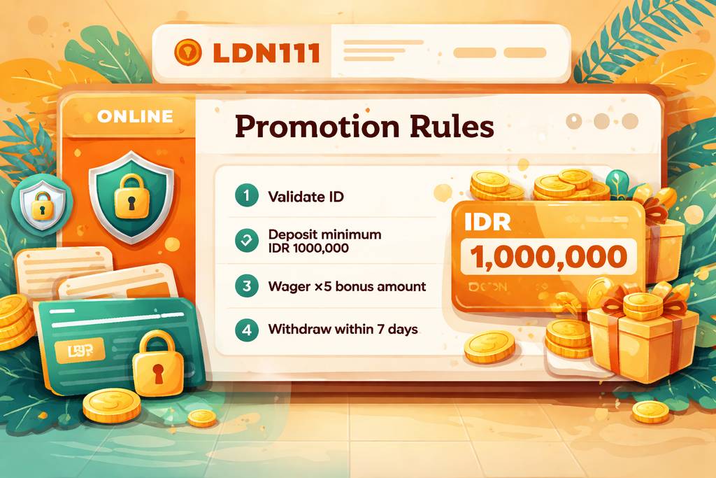 Ilustrasi lebar dashboard promosi mobile yang aman dengan kartu bonus LDN111, simbol IDR, dan ikon daftar periksa