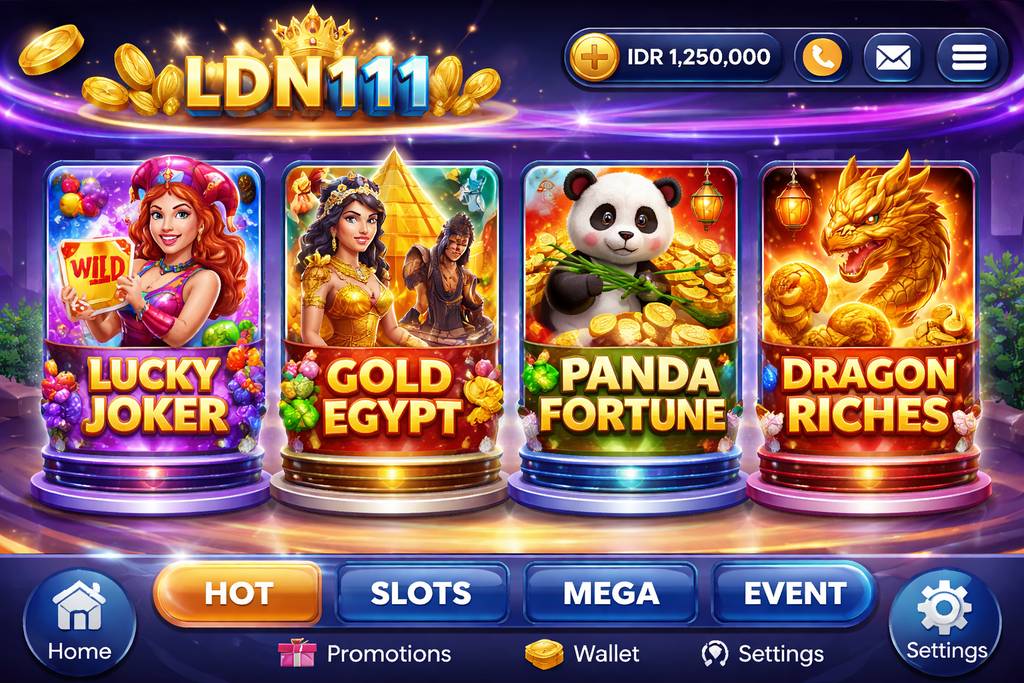 Tampilan lebar berwarna-warni kartu permainan slot LDN111, gulungan, ikon bonus, dan elemen antarmuka mobile