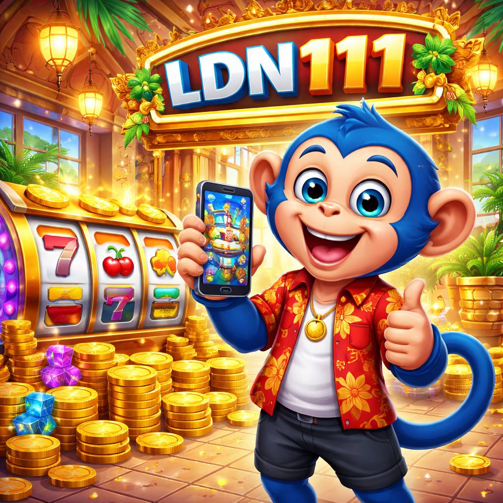 Karakter kartun LDN111 di samping gulungan slot berwarna-warni dan koin emas dalam suasana permainan mobile cerah